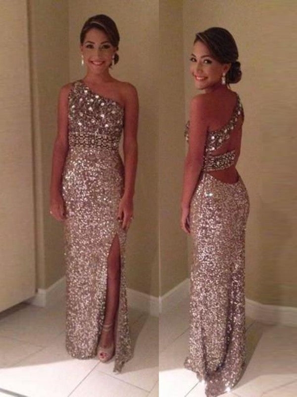 New Arrival One Shoulder Sleeveless Sequins Long Prom Dress