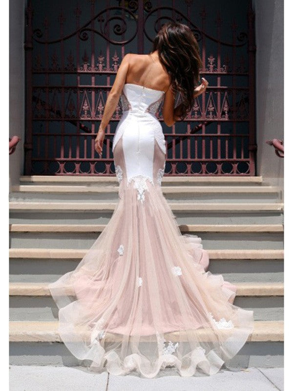 Chic Mermaid Sweetheart Sleeveless Tulle Chapel Train Prom Dress