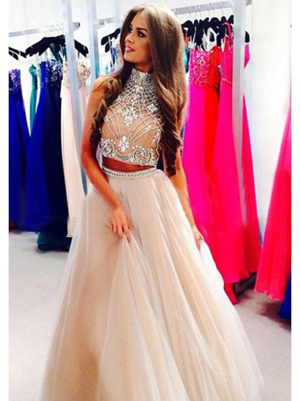 Gorgeous Beading Sleeveless Tulle Long Prom Dress