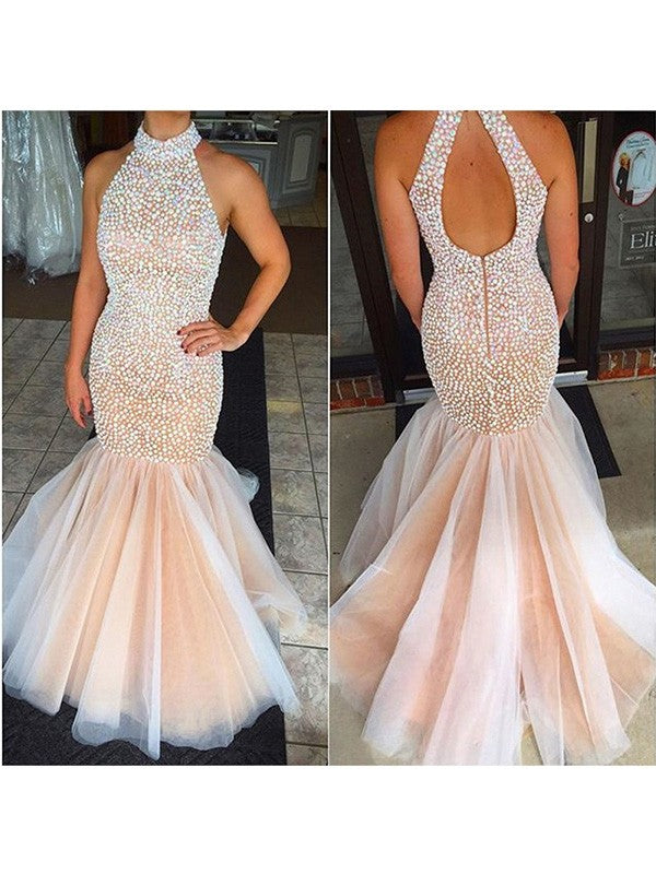 Chic Mermaid Halter Beading Sleeveless Tulle  Prom Dress