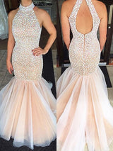 Chic Mermaid Halter Beading Sleeveless Tulle  Prom Dress