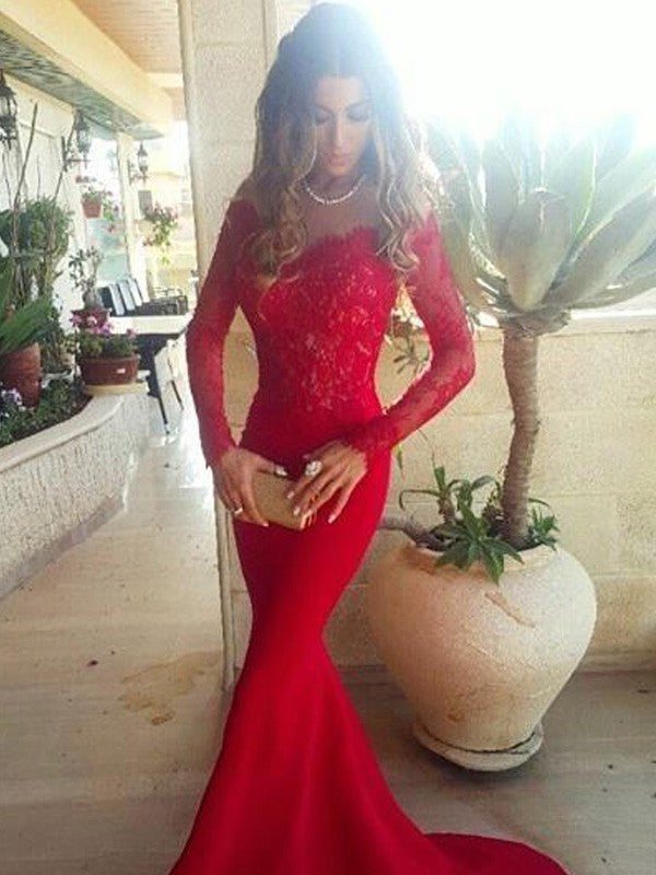 Chic Mermaid Off-the-Shoulder Long Sleeves Lace  Elastic Woven Elegant Evening Dress