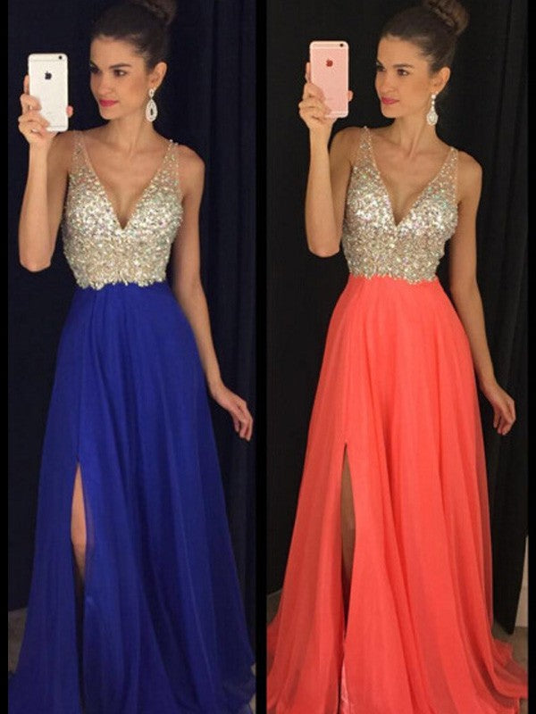 Gorgeous V-neck Beading Sleeveless Long Evening Dress Chiffon