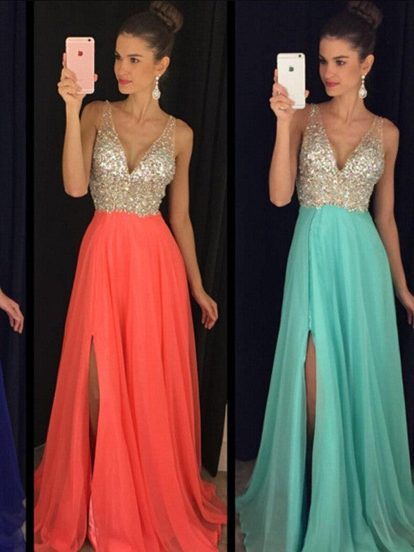 Gorgeous V-neck Beading Sleeveless Long Evening Dress Chiffon