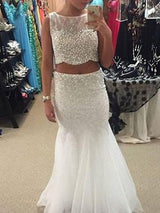 Beautiful Sleeveless Mermaid Scoop Long Beading Tulle Prom Dress