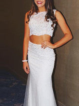 Beautiful Sleeveless Mermaid Scoop Long Beading Tulle Prom Dress