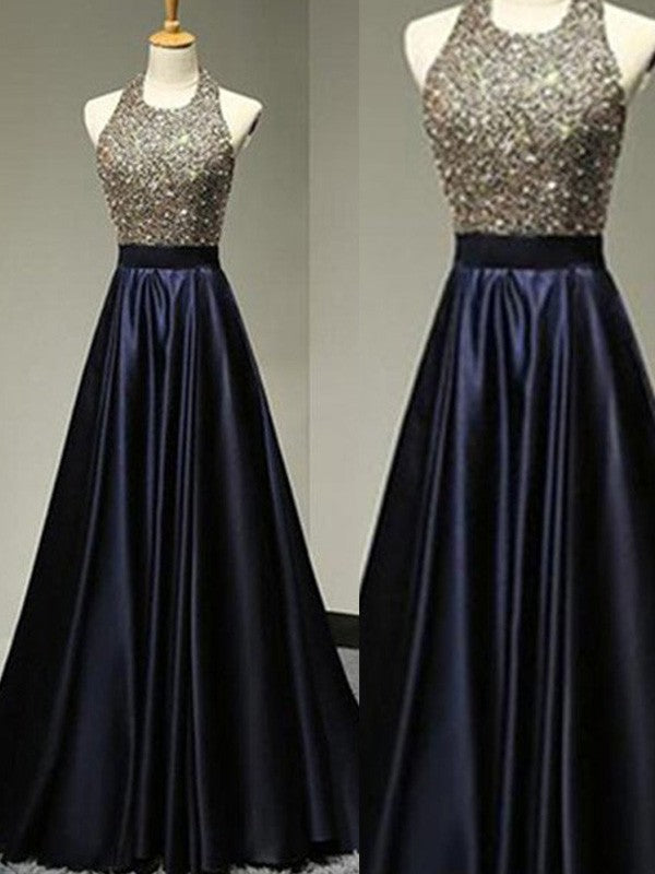 Sleeveless Amazing Halter Satin Long Beading Prom Dress