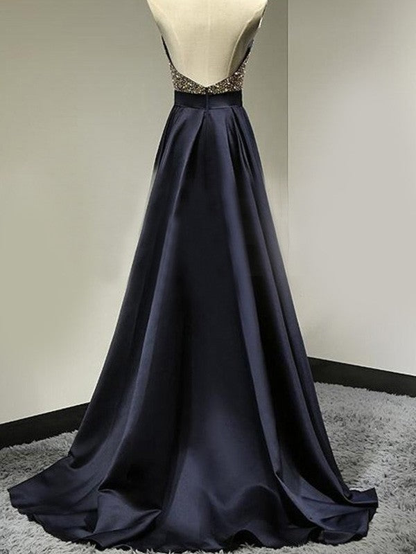 Sleeveless Amazing Halter Satin Long Beading Prom Dress