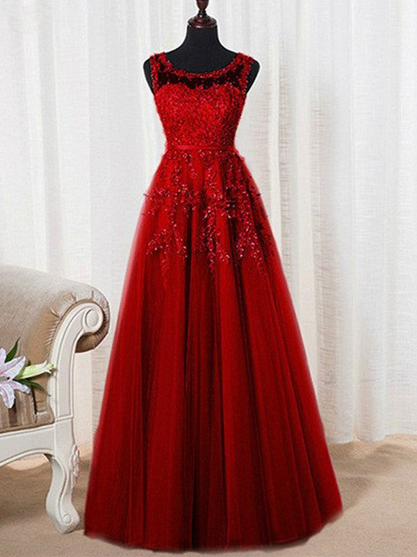 Sleeveless Amazing Scoop Long Tulle Beading Prom Dress