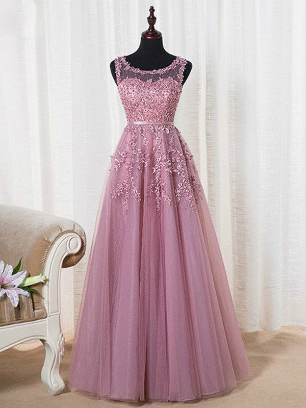 Sleeveless Amazing Scoop Long Tulle Beading Prom Dress