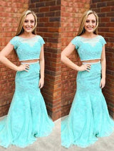 Chic Mermaid Scoop Short Sleeves  Lace Prom Dress