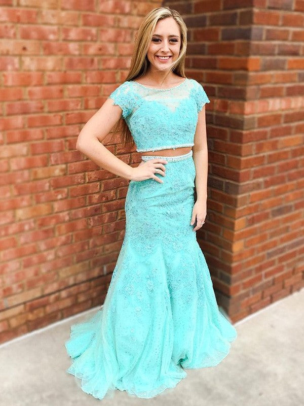 Chic Mermaid Scoop Short Sleeves  Lace Prom Dress