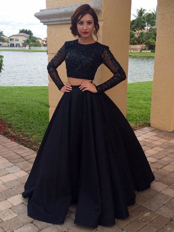 Ball Gown Long Sleeves Scoop Long Satin Beading Prom Dress