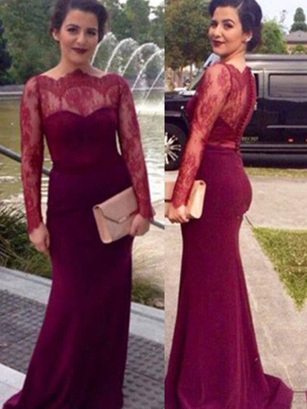 Elegant Scoop Long Sleeves Lace Long Stretch Crepe Prom Dress