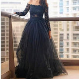 Gorgeous Off-the-Shoulder Long Sleeves Lace Long Tulle Prom Dress