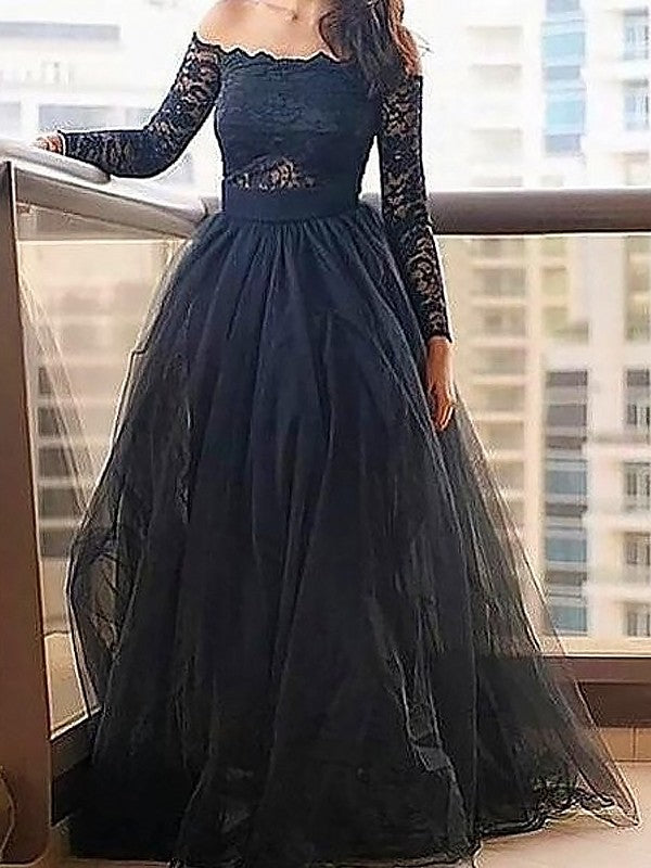 Gorgeous Off-the-Shoulder Long Sleeves Lace Long Tulle Prom Dress