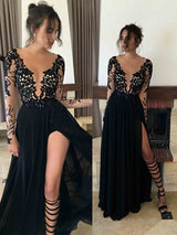 Gorgeous Sheer Neck Long Sleeves Lace Long Evening Dress Chiffon