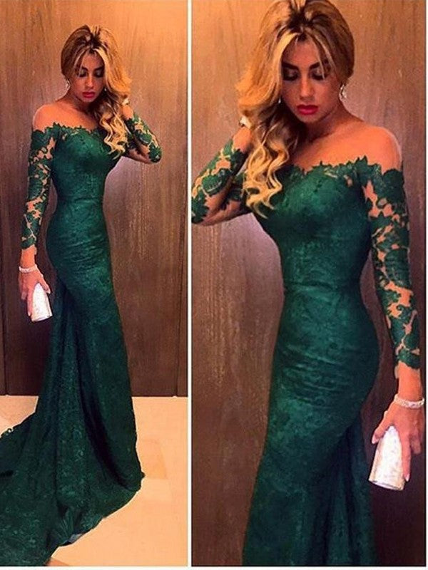 Chic Mermaid Long Sleeves Off-the-Shoulder Lace  Prom Dress