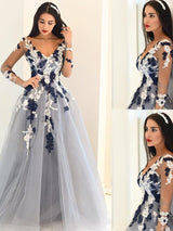 Gorgeous V-Neck Long Sleeves With Appliques Tulle Long Prom Dress