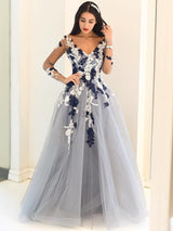 Gorgeous V-Neck Long Sleeves With Appliques Tulle Long Prom Dress