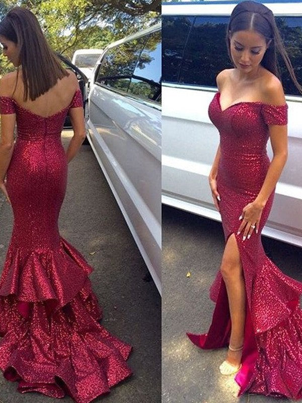 Chic Mermaid Off-the-Shoulder Sleeveless  Sequins Prom Dress