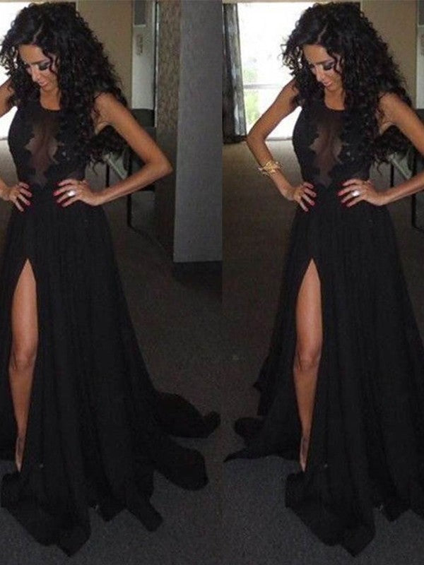 Sleeveless Amazing Scoop Satin Chiffon  Prom Dress