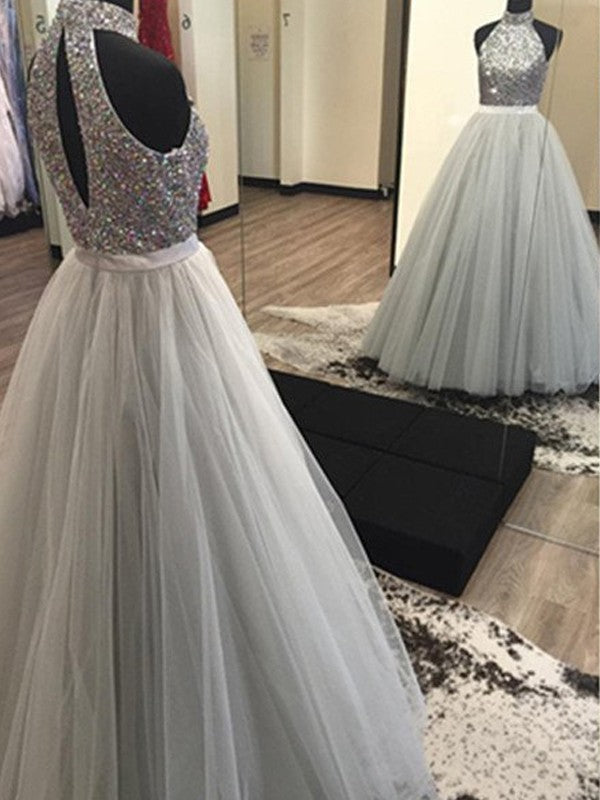 Gorgeous Halter Sleeveless Long Beading Tulle Prom Dress