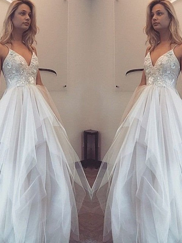 Gorgeous Spaghetti-Straps Sleeveless Long Tulle Prom Dress