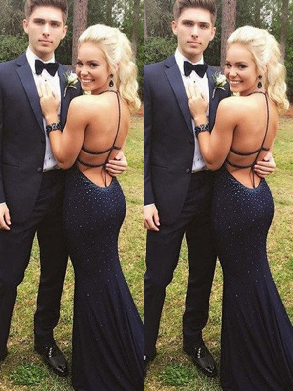 Sleeveless Halter  Beading Jersey Prom Dress