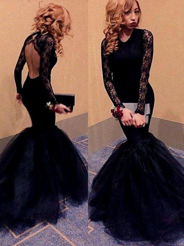 Chic Mermaid Long Sleeves Scoop Lace  Tulle Prom Dress