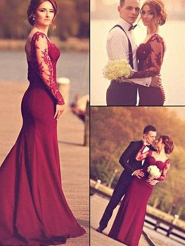 Chic Mermaid Sweetheart With Appliques Satin Long Sleeves  Prom Dress