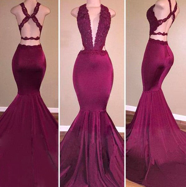Chic Mermaid V-Neck Stretch Crepe Sleeveless With Appliques  Prom Dress
