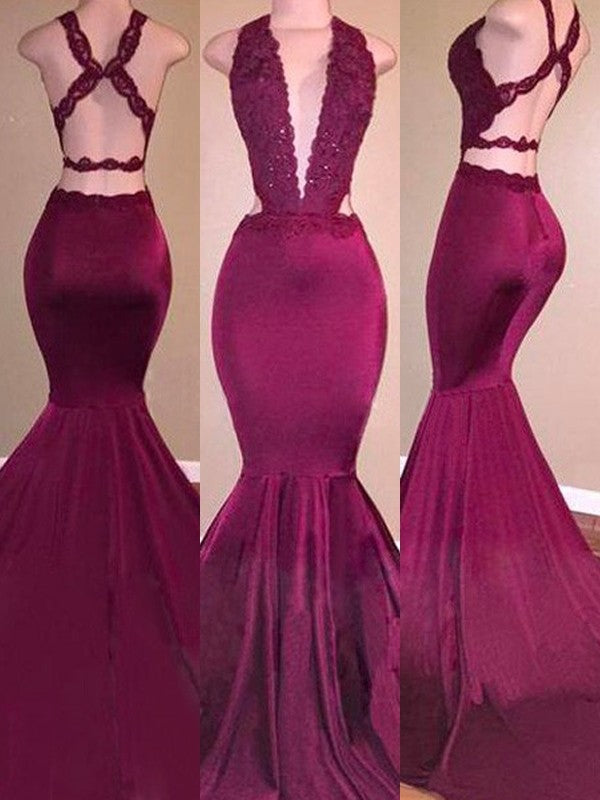 Chic Mermaid V-Neck Stretch Crepe Sleeveless With Appliques  Prom Dress