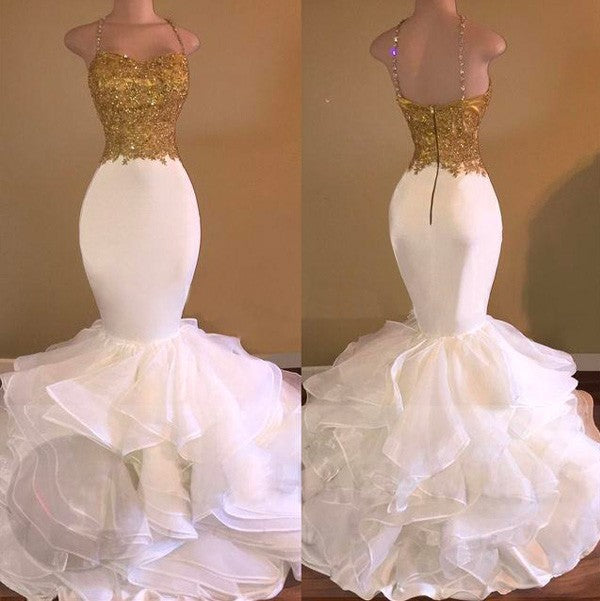 Chic Mermaid Spaghetti-Straps Sleeveless With Appliques Organza Long Prom Dress