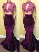 Chic Mermaid Satin Long Sleeves With Appliques  Prom Dress