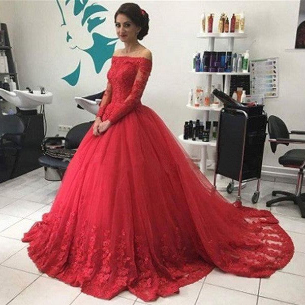 Ball Gown Off-the-Shoulder Long Sleeves Lace Tulle Court Train Prom Dress