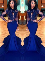 Chic Mermaid Scoop Lace Elastic Woven Satin Long Sleeves  Prom Dress