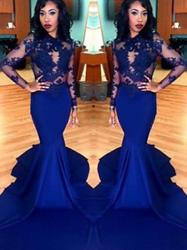 Chic Mermaid Scoop Lace Elastic Woven Satin Long Sleeves  Prom Dress