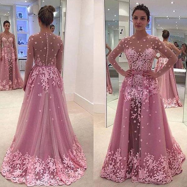 Gorgeous Scoop Long Sleeves With Appliques Tulle Long Prom Dress