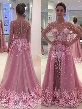 Gorgeous Scoop Long Sleeves With Appliques Tulle Long Prom Dress