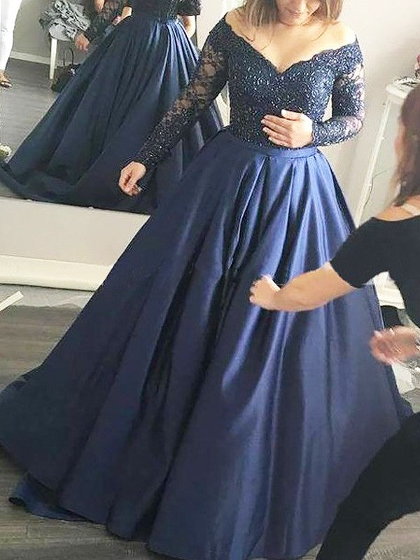 Ball Gown Off-the-Shoulder Long Sleeves Beading Satin  Prom Dress