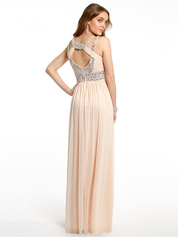 Gorgeous Bateau Beading Sleeveless Chiffon Long Prom Dress