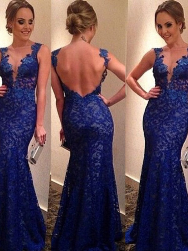 Chic Mermaid V-neck Sleeveless With Appliques  Lace Prom Dress
