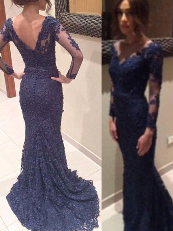 Chic Mermaid V-neck Long Sleeves With Appliques  Lace Prom Dress
