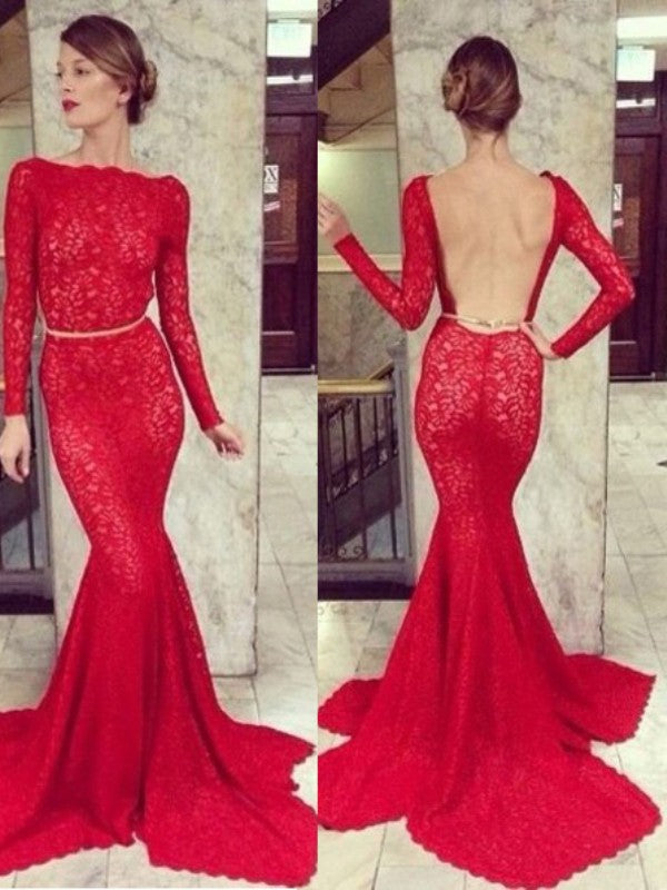 Chic Mermaid Bateau Long Sleeves Lace  Prom Dress