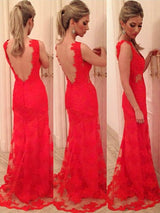 Chic Mermaid V-neck With Appliques Sleeveless Lace Backless Long Dress