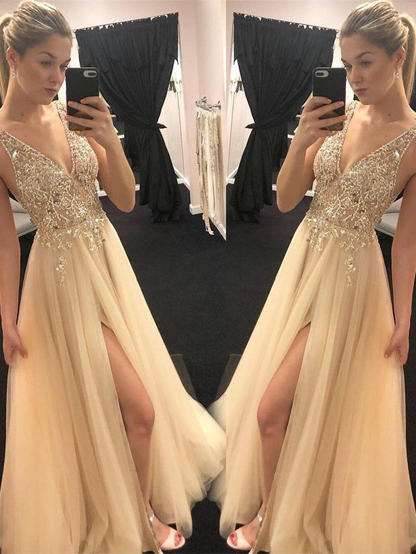 Gorgeous V-neck Sleeveless Long Tulle Prom Dress