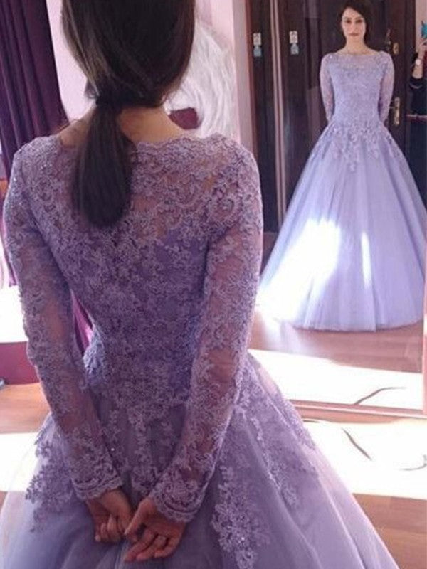 Ball Gown Jewel Long Sleeves Long Tulle Prom Dress