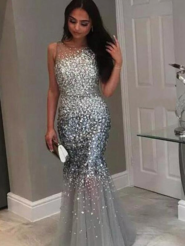 Chic Mermaid Jewel Sleeveless Long Sequin Tulle Prom Dress