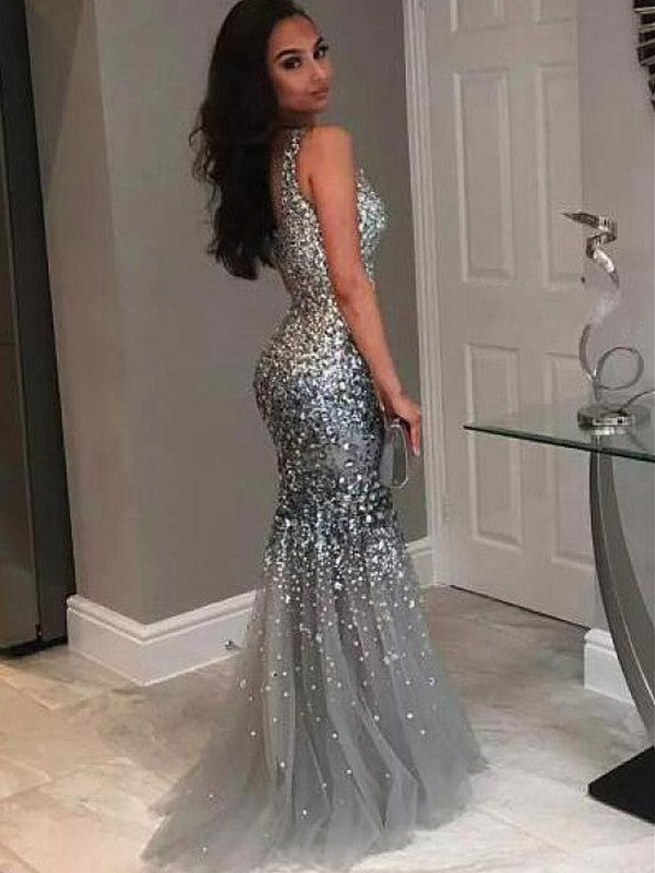 Chic Mermaid Jewel Sleeveless Long Sequin Tulle Prom Dress